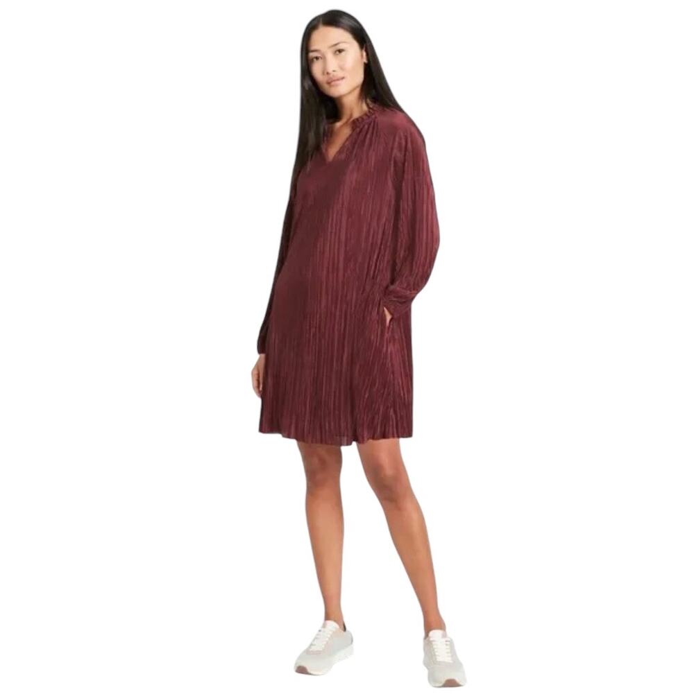 Banana Republic Burgundy Long Sleeve Plisse Pleated Swing Shift Dress Size Small